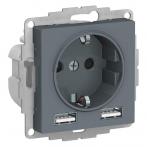 Розетка 1-м СП AtlasDesign 16А IP20 с 2-мя заряд. устройствами USB тип A+A 5В/2.4А 2х5В/1.2А механизм грифель SE ATN000730